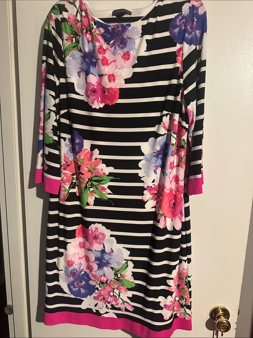 Jessica Howard Black White Striped Midi Dress with Pink & Purple Florals